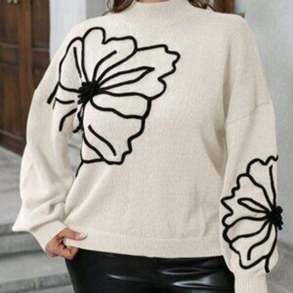 Apricot Casual Women's Plus Size Floral Stand Collar Sweater - Picture 3 of 5